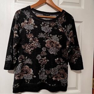 Tribal 3/4 Sleeve Floral Fleece Fabric Top, Size Medium